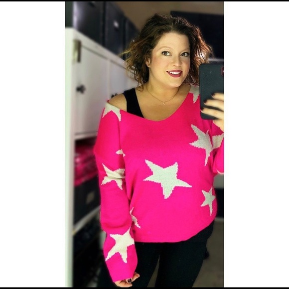 Fuchsia Star Print Vneck Sweater - Picture 2 of 2